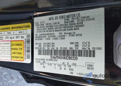 2019 Ford Fusion Se из США, поврежденный, VIN 3FA6P0HD4KR280320